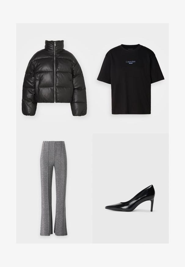 Veste puffer noire courte en cuir lisse, avec un col montant, une fermeture éclair sur le devant et des sections matelassées gonflées.; T-shirt en coton noir avec un col rond, des manches courtes et un logo brodé bleu "Calvin Klein JEANS" sur le devant.; Pantalons évasés en tissu texturé gris métallisé. Dotés d'une taille haute et de plis à l'avant, offrant une silhouette ajustée.; Chaussure à talon haut en cuir noir avec un bout pointu, texture lisse et un talon effilé. Design minimaliste, sans embellissements supplémentaires.