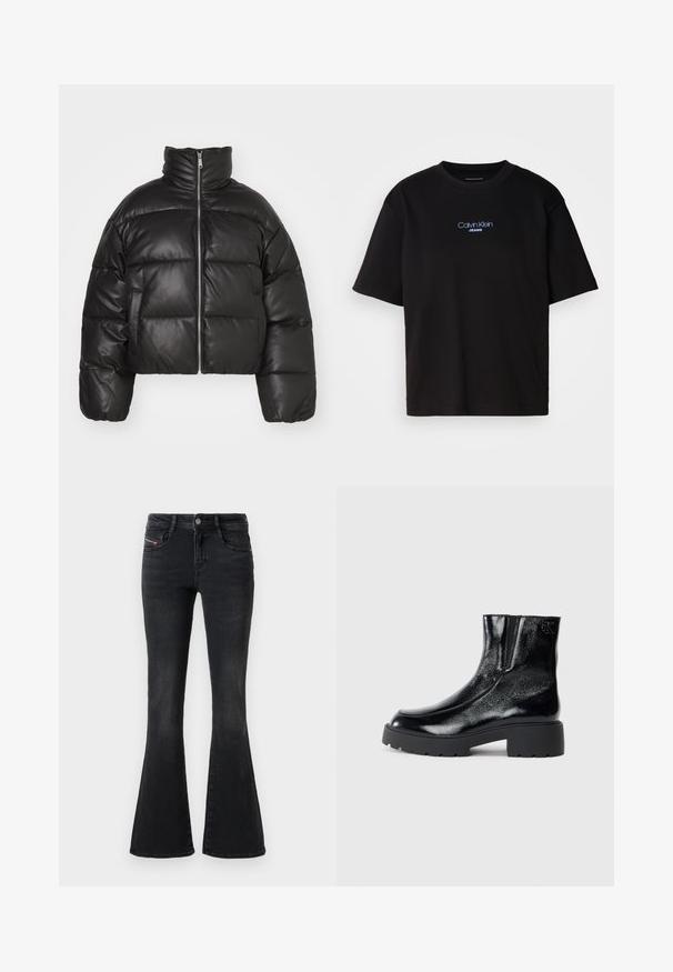 Černá zkrácená péřová bunda vyrobená z hladké kůže, s vysokým límcem, předním zipem a vypolstrovanými prošívanými částmi.; Černé bavlněné tričko s kulatým výstřihem a krátkými rukávy, s modrou vyšitou nášivkou "Calvin Klein JEANS" na přední straně.; Černé široké džínsy vyrobené z denimové látky. Mají klasický design s pěti kapsami, decentní prošití a značenou nášivku na kapse.; Černé kotníkové boty s lesklým lakovaným povrchem, robustní černou gumovou podešví a zvýšeným podpatkem; obsahují jemný logo detail na boku.