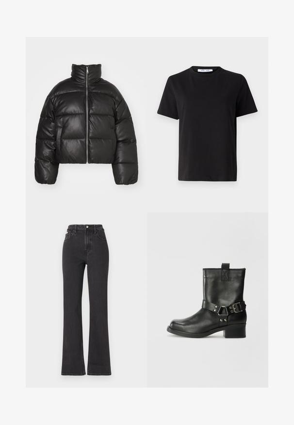 Μαύρο κοντό μπουφάν από λείο δέρμα, με ψηλό γιακά, μπροστινό φερμουάρ και φουσκωτά καπιτονέ τμήματα.; Μαύρη κοντομάνικη μπλούζα φτιαγμένη από μαλακό βαμβάκι, με στρογγυλή λαιμόκοψη, άνετη εφαρμογή και απαλό υλικό. Χωρίς ορατά σχέδια ή γραφικά.; Μαύρα ψηλόμεσα τζιν με φαρδιά γραμμή, κατασκευασμένα από τζιν, διαθέτουν κλείσιμο με κουμπί, θηλιές ζώνης και πλαϊνές τσέπες. Λείος υφή με ελάχιστη φθορά.; Samsøe Samsøe SABRENTA  - Μποτάκι καουμπόι/μηχανόβιου - black