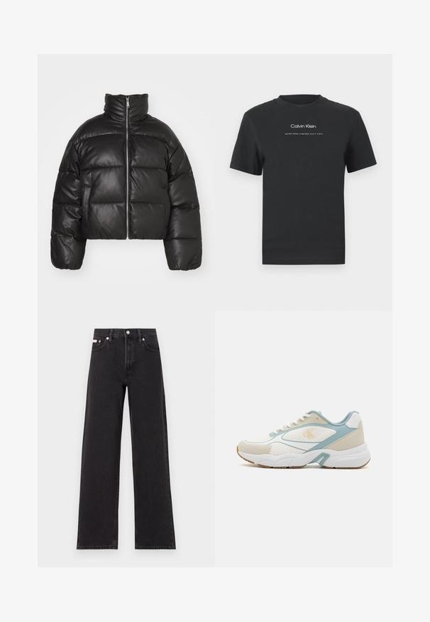 Fekete rövid puffernadrág, sima bőrből készült, magas gallérral, elől cipzárral és puffasztott steppelt részekkel.; Fekete pamut póló kerek nyakkivágással, rövid ujjakkal, fehér nyomott "Calvin Klein" logóval és "Established 1968" felirattal.; Fekete, bőszárú farmernadrág, magas derekú, öt zsebes kialakítással és fém gombos záródással, kontrasztos varrással.; Fehér és világoskék sneaker, hálós és szintetikus anyagokból készült, texturált talppal, kerek formával és mintázott díszítésekkel.