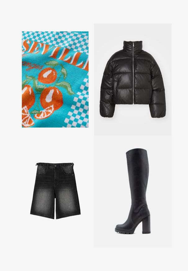Schwarze, kurze Puffjacke aus glattem Leder mit hohem Kragen, Frontreißverschluss und gepufften, gesteppten Bereichen.; Gestrickter Stoff in Türkis mit orangefarbenen Orangen und grünen Blättern, versehen mit einem karierter Muster und dem Text "Sevilla" in Orange und Weiß.; Schwarze Denim-Shorts mit ausgebleichtem Finish, fünf Taschen, einem Knopfverschluss und Gürtelschlaufen. Der Stoff hat eine glatte Textur.; Schwarze kniehohe Stiefel aus glattem Leder, mit einem stabilen Absatz, abgerundeter Zehenpartie, strukturiertem Sohlenmaterial mit Grip, elegantes Design ohne Verzierungen.