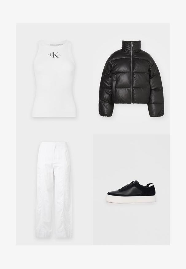 Black cropped puffer jacket made of smooth leather, featuring a high collar, front zipper, and puffed quilted sections.; White cotton tank top with a ribbed texture and a round neckline, featuring a black "CK" logo at the center and brand text below it.; White wide-leg trousers made of lightweight fabric, featuring a smooth texture, clean lines, and a high waist design.; Black sneaker with smooth leather and suede panels, flat laces, rounded toe, and a white rubber sole. Distinct logo on the heel.