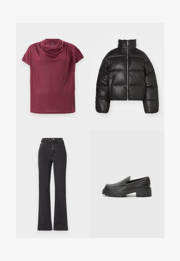 Svart cropped puffer-jakke laget av glatt lær, med høy krage, frontglidelås og puffede quiltede seksjoner.; Kortermet burgunderfarget skjorte med drapert cowl-hals, vist flatt på en hvit bakgrunn.; Svarte høyt midje, utsvingte jeans laget av denim, med knappelukking, beltehemper og sidelommer. Glatt tekstur med minimal falming.; Sorte skinnloafers med rund tå, tykk teksturert såle og minimale sømdetaljer. Strømlinjeformet design uten synlige snørebånd eller hardvarer.