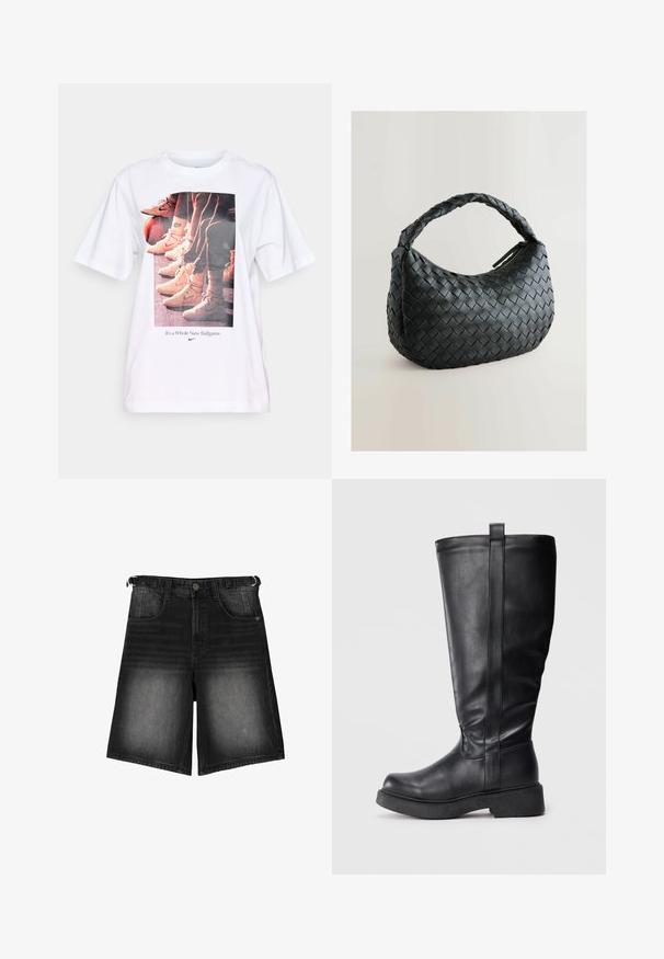 Crna skraćena puffer jakna od glatke kože, s visokim ovratnikom, prednjim zatvaračem i nabranim, quilted dijelovima.; Bijela majica s grafičkim printom košarkaških cipela i natpisom "To je potpuno nova igra" u plavoj boji, okrugli izrez, kratki rukavi.; Crni traper šorts s izblijedjelim završetkom, pet džepova, zatvaranjem na dugme i petljama za remen. Tkanina ima glatku teksturu.; Crne čizme do koljena od glatke kože s ravnim potplatom, s bočnim šavom i malim zatvaračem na vrhu za lakše oblačenje.; Crna tkanog torba s zaobljenim oblikom, teksturiranom površinom i debelom pletenom drškom. Ima patentni zatvarač za sigurno pohranjivanje.