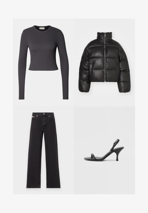 Czarna krótka kurtka pufowa z gładkiej skóry, z wysokim kołnierzem, przednim zamkiem błyskawicznym i wypchanymi, pikowanymi sekcjami.; Długi rękaw, krótki top w ciemnoszarym prążkowanym materiale z okrągłym dekoltem i małą naszywką z logo u dołu. Gładka faktura, dopasowany krój.; Czarne dżinsy o szerokich nogawkach, wykonane z denimu, z wysokim stanem, pięcioma kieszeniami oraz metalowym zapięciem z kontrastowym szwem.; Czarne skórzane sandały na wysokim obcasie z cienkim, zakrzywionym obcasem i skrzyżowanym wzorem pasków. Regulowany pasek na kostkę. Gładka faktura.