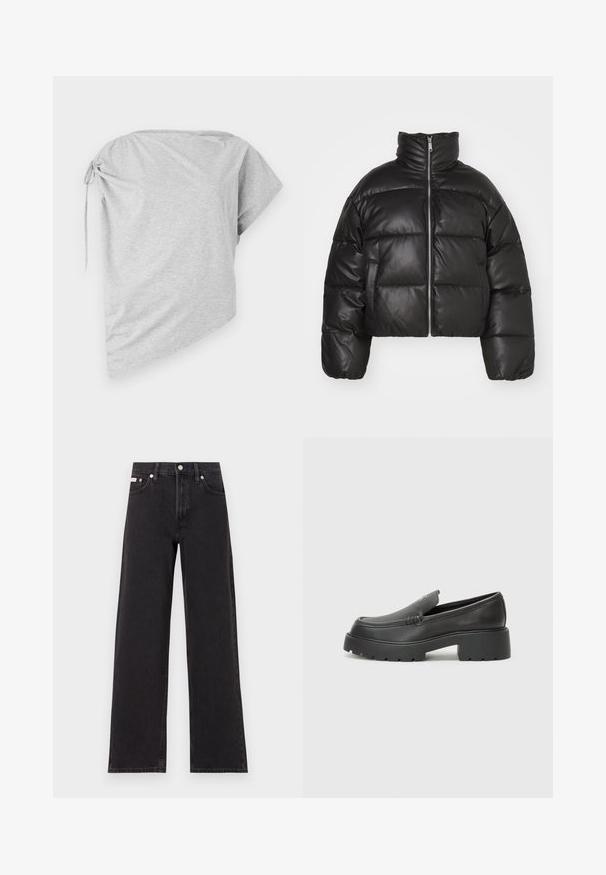 Casaco puffer preto, cropped, feito de pele lisa, com colarinho alto, fecho de correr à frente e seções acolchoadas em volume.; T-shirt cinza assimétrico em tecido suave, com um detalhe amarrado de um lado e um decote largo, com mangas curtas e um ajuste descontraído.; Jeans de perna larga pretos feitos de denim, apresentando uma cintura alta, estilo de cinco bolsos e um fecho em botão de metal com costura contrastante.; Mocassins de couro preto com bico arredondado, sola espessa e texturizada, e detalhes de costura minimalistas. Design elegante sem atacadores ou ferragens visíveis.