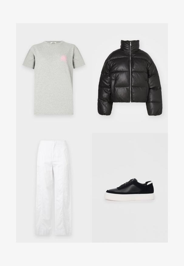 Melnā īsā pūkājakas jaka, izgatavota no gludas ādas, ar augstu apkakli, priekšējo rāvējslēdzēju un pūkainām quilted daļām.; Pelēks kokvilnas džemperis ar apaļu kakla izgriezumu, īsām piedurknēm un rozā grafiku ar arku un saules stariem kreisajā krūtī.; Baltas, plaša kāju bikses, izgatavotas no viegla auduma, ar gludu tekstūru, tīrām līnijām un augstu jostasvietu.; Melnas sporta kurpes ar gludu ādu un zamša paneļiem, plakaniem šņorēm, noapaļotu pirkstu daļu un baltu gumijas zolīti. Izteikts logo uz papēža.