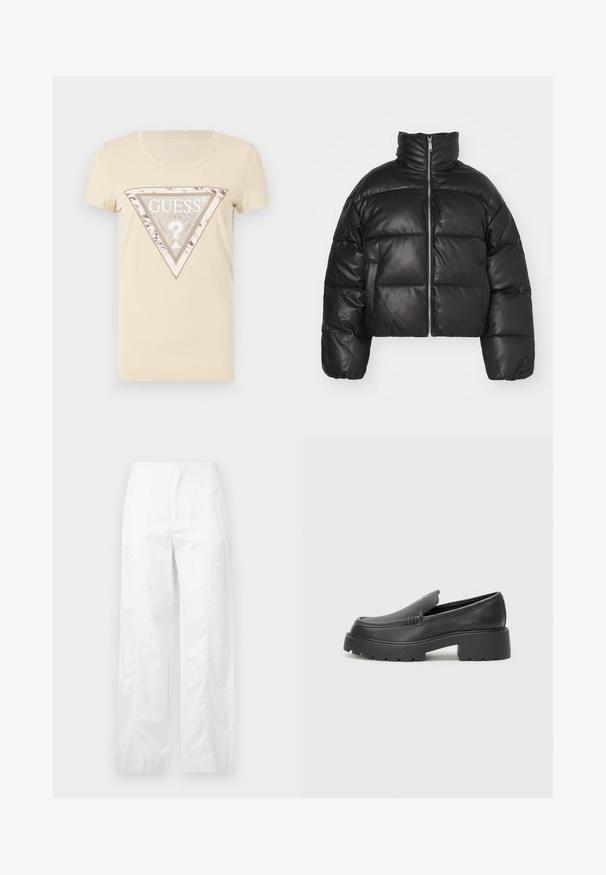 Melnā īsā pūkājakas jaka, izgatavota no gludas ādas, ar augstu apkakli, priekšējo rāvējslēdzēju un pūkainām quilted daļām.; Beige kokvilnas T-kreklis ar īsām piedurknēm, kuram ir trīsstūrveida grafikas dizains metāla un dzīvnieku rakstā, ar pērlītēm apmalē.; Baltas, plaša kāju bikses, izgatavotas no viegla auduma, ar gludu tekstūru, tīrām līnijām un augstu jostasvietu.; Melnas ādas mokasīni ar noapaļotu purngalu, biezs teksturēts zoles un minimālas dūriena detaļas. Gluds dizains bez redzamām auklām vai metāla elementiem.