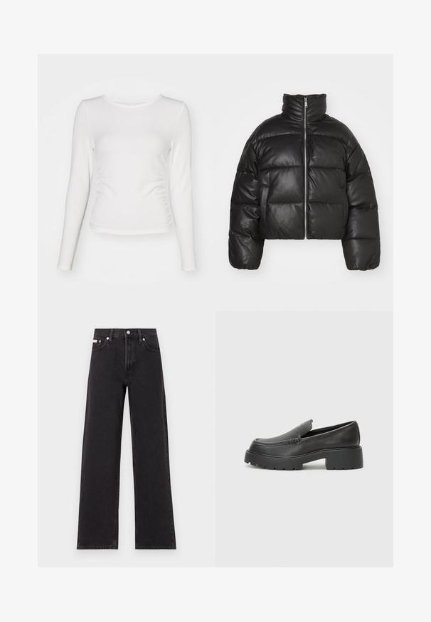 Black cropped puffer jacket made of smooth leather, featuring a high collar, front zipper, and puffed quilted sections.; White long-sleeve top made of ribbed fabric, featuring a fitted design with ruching detail at the sides and a round neckline.; Black wide-leg jeans made of denim, featuring a high-rise waist, five-pocket styling, and a metal button closure with contrasting stitching.; Black leather loafers with a rounded toe, thick textured sole, and minimal stitching details. Sleek design with no visible laces or hardware.
