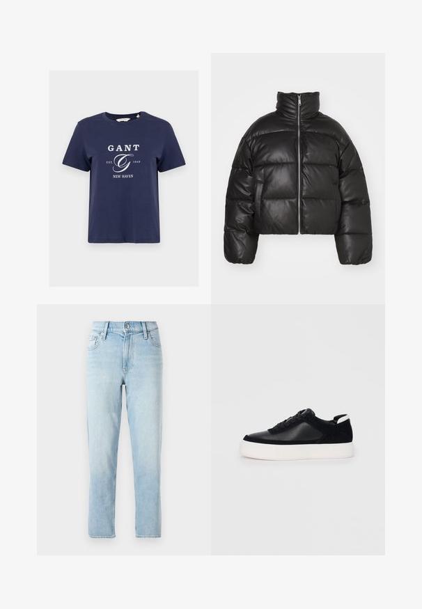 Black cropped puffer jacket made of smooth leather, featuring a high collar, front zipper, and puffed quilted sections.; Navy blue cotton t-shirt, crew neck, short sleeves, featuring a white graphic logo with "GANT," “EST. 1949,” and “NEW HAVEN.”; Light blue denim jeans, straight-leg design, mid-rise waist, with five-pocket styling and a button closure at the front.; Black sneaker with smooth leather and suede panels, flat laces, rounded toe, and a white rubber sole. Distinct logo on the heel.
