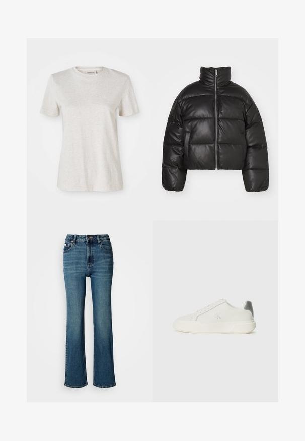 Crna skraćena puffer jakna od glatke kože, s visokim ovratnikom, prednjim zatvaračem i nabranim, quilted dijelovima.; Svijetlosivi kratki rukav majica izrađena od mekog pamuka, s okruglim izrezom i malim vezom logotipa na prsima.; Traperice viskog struka u plavoj boji, s ravnim nogavicama, blagim izbljeđivanjem, te standardnim dugmetom i zatvaračem.; Bijela tenisica od kože s glatkom teksturom, koja ima srebrni naglasak na peti, ravni đon i minimalistički dizajn.