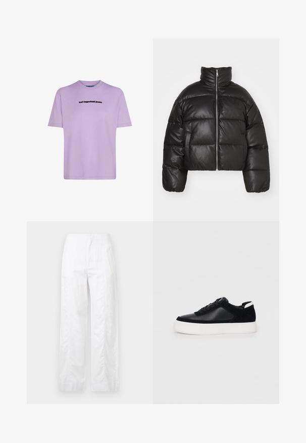 Crna skraćena puffer jakna od glatke kože, s visokim ovratnikom, prednjim zatvaračem i nabranim, quilted dijelovima.; Lavanda pamučna majica s kratkim rukavima, okruglim izrezom i crnim logotipom "karl lagerfeld jeans" na prsima.; Bijele široke hlače od laganog materijala, s glatkom teksturom, čistim linijama i visokim strukom.; Crne tenisice s glatkom kožom i panelima od antilopa, ravne vezice, zaobljenim vrhom i bijelim gumeni potplat. Izraziti logo na peti.