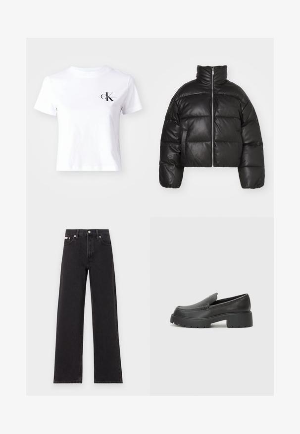 Casaco puffer preto, cropped, feito de pele lisa, com colarinho alto, fecho de correr à frente e seções acolchoadas em volume.; T-shirt de algodão branco com decote redondo, mangas curtas e um logotipo preto da Calvin Klein no peito. Design simples e limpo.; Jeans de perna larga pretos feitos de denim, apresentando uma cintura alta, estilo de cinco bolsos e um fecho em botão de metal com costura contrastante.; Mocassins de couro preto com bico arredondado, sola espessa e texturizada, e detalhes de costura minimalistas. Design elegante sem atacadores ou ferragens visíveis.