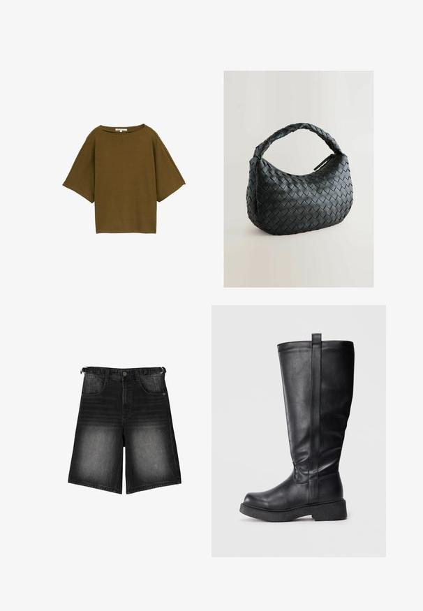 Černá zkrácená péřová bunda vyrobená z hladké kůže, s vysokým límcem, předním zipem a vypolstrovanými prošívanými částmi.; Hnědý top s krátkým rukávem a volným střihem, vyrobený z texturované látky. Má široký výstřih a boxy design.; Černé džínové šortky s vyšisovaným vzhledem, pěti kapsami, knoflíkovým zapínáním a poutky na opasek. Materiál má hladkou texturu.; Černé kozačky až ke kolenům vyrobené z hladké kůže s plochou podrážkou, s bočním švem a malým poutkem nahoře pro snadné obouvání.; Černá tkaná kabelka s kulatým tvarem, texturovaným povrchem a silným pleteným držadlem. Zahrnuje zipové zavírání pro bezpečné uložení.