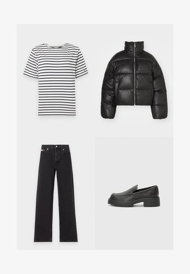 Juodas trumpas pūkinis švarkas, pagamintas iš lygaus odos, su aukštu apykakle, priekiniais užtrauktukais ir pūstomis siūlėmis.; Baltas marškinėlis su horizontaliais tamsiai mėlynais dryžiais, apvaliu iškirpimu, trumpomis rankovėmis ir maža logotipo detale kairiajame rankovėje. Medvilnės medžiaga.; Juodos plačios kojų džinsai, pagaminti iš džinsinio audinio, su aukštu liemeniu, penkių kišenių stiliumi ir metaline sagte su kontrastingo siuvimo detalėmis.; Juodi odiniai loaferiai su apvaliu pirštu, storu tekstūruotu padu ir minimaliu siūlių dekoru. Išskirtinis dizainas be matomų raištelių ar furnitūros.