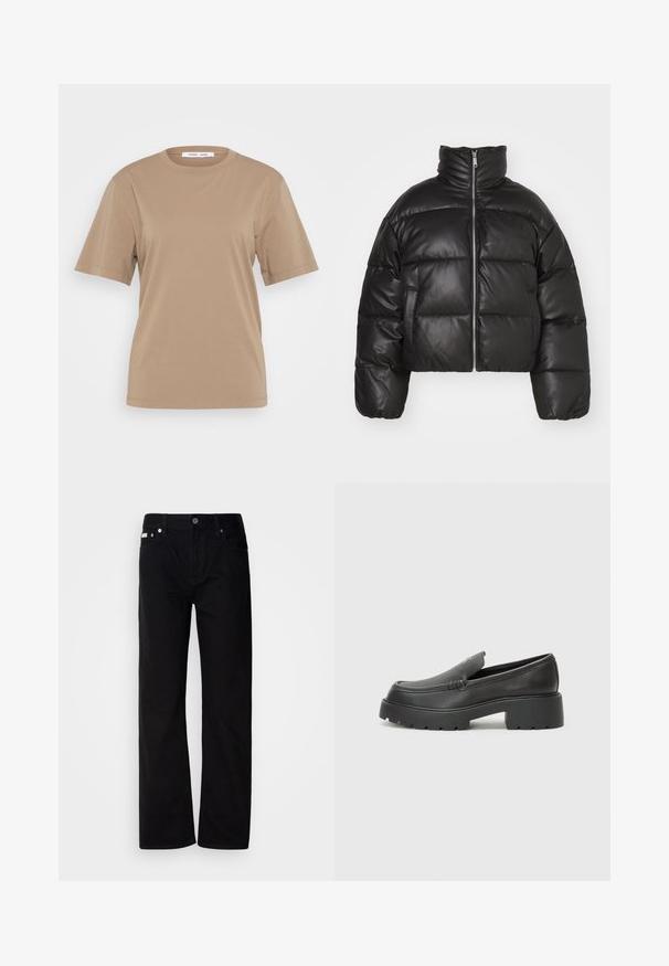 Fekete rövid puffernadrág, sima bőrből készült, magas gallérral, elől cipzárral és puffasztott steppelt részekkel.; Barna pamut póló rövid ujjakkal, kerek nyakkal, és finoman domborított szövegrészlettel az elején. Simaság és laza szabás jellemzi.; Fekete farmer egyenes fazonú nadrág öt zsebbel, ezüst szegecsekkel és gombos zárással. Az anyaga sima, enyhén texturált felületű.; Fekete bőr loafer cipők kerek orral, vastag, texturált talppal és minimális varrási részletekkel. Áramvonalas dizájn, látható fűzők vagy fém részek nélkül.