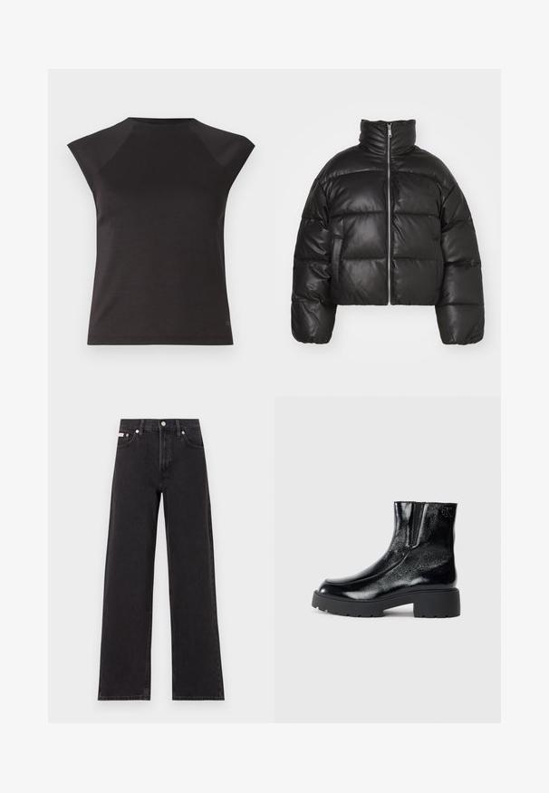 Sort cropped puffer jakke lavet af glat læder, med høj krave, frontlynlås og puffede quiltede sektioner.; Sort kortærmet top med en rund halsudskæring og skrå skuldersømme. Fremstillet af glat stof med en tætsiddende pasform og ingen synlige mønstre.; Sorte vidde jeans lavet af denim, med høj talje, fem-lomme stil og en metalknap lukning med kontrasterende syninger.; Sorte ankelstøvler med en blank patentlæderfinish, chunky sort gummisål og hævet hæl; inkluderer subtilt logodetalje på siden.