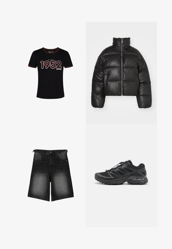 Musta lyhyt puffatakkia, joka on valmistettu sileästä nahasta, ja siinä on korkea kaulus, etuvetoketju ja puffatut, tikatut osat.; Mustat puuvillapaidat, joissa on ruskea ribbikaulus. Siinä on valkoiset ja punaiset tekstit "SINCE 1952". Rentoa istuvuutta lyhyillä hihoilla.; Mustat farkkushortsit, joissa on kulunut pinta, viisi taskua, napitus ja vyölenkit. Kankaassa on sileä rakenne.; Musta juoksukenkä, jossa on verkko- ja synteettinen päällinen, joustava ulkopohja ja joustavat nauhat. Sisältää pehmustetun välipohjan mukavuutta varten.