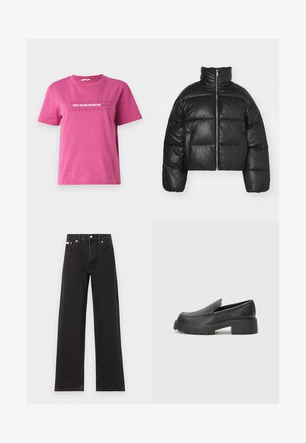 Zwarte cropped pufferjack gemaakt van glad leer, met een hoge kraag, rits aan de voorkant en opgezette, quilted delen.; Roze katoenen t-shirt met korte mouwen, voorzien van reliëftekst "VERLICHT DE VUUR IN JE" en een herhalend "BESCHERMD" patroon.; Zwarte wijde spijkerbroeken van denim, met een hoge taille, vijf-pocket stijl en een metalen knoopsluiting met contrasterende stiksels.; Zwarte leren instappers met een ronde neus, dikke getextureerde zool en minimale stikseldetails. Strak ontwerp zonder zichtbare veters of hardware.