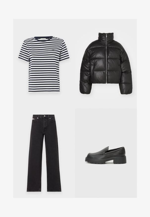 Zwarte cropped pufferjack gemaakt van glad leer, met een hoge kraag, rits aan de voorkant en opgezette, quilted delen.; Marineblauwe en witte gestreepte katoenen t-shirt met een ronde halslijn en korte mouwen, voorzien van een klein geborduurd logo op de borst.; Zwarte wijde spijkerbroeken van denim, met een hoge taille, vijf-pocket stijl en een metalen knoopsluiting met contrasterende stiksels.; Zwarte leren instappers met een ronde neus, dikke getextureerde zool en minimale stikseldetails. Strak ontwerp zonder zichtbare veters of hardware.