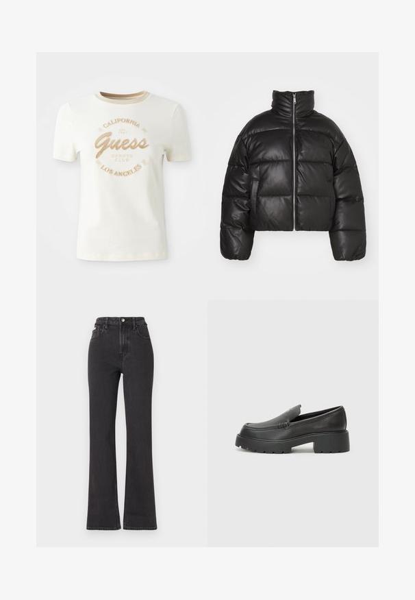 Juodas trumpas pūkinis švarkas, pagamintas iš lygaus odos, su aukštu apykakle, priekiniais užtrauktukais ir pūstomis siūlėmis.; Kremo spalvos trumpas rankovėmis marškinėliai su apvaliu iškirpimu, dekoruoti tekstūrinėmis auksinėmis siūlėmis, kas rašo "Guess Sports Club California Los Angeles."; Juodi aukštu liemeniu platėjantys džinsai, pagaminti iš džinsinio audinio, su mygtuko uždarymu, diržo kilpomis ir šoninėmis kišenėmis. Lygus paviršius su minimaliais išblukimais.; Juodi odiniai loaferiai su apvaliu pirštu, storu tekstūruotu padu ir minimaliu siūlių dekoru. Išskirtinis dizainas be matomų raištelių ar furnitūros.