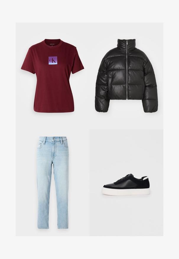 Svart cropped puffer-jakke laget av glatt lær, med høy krage, frontglidelås og puffede quiltede seksjoner.; Burgunderfarget bomull T-skjorte med et firkantet logo med en gradient fra lilla til blå bakgrunn, og bokstaven "cK" i mørk lilla.; Lyseblå denimjeans, rett ben-design, midjehøyde, med fem lommer og en knappelukking foran.; Svart sneakers med glatt skinn og semsket skinnpaneler, flate snørebånd, rund tå og hvit gummisåle. Distinkt logo på hælen.