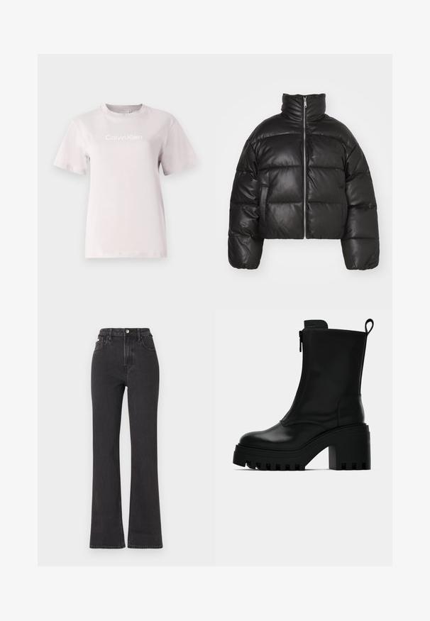 Svart cropped puffer-jakke laget av glatt lær, med høy krage, frontglidelås og puffede quiltede seksjoner.; Lys rosa bomull t-skjorte med rund hals og korte ermer. Har «Calvin Klein» trykket i hvitt på forsiden. Glatt tekstur.; Svarte høyt midje, utsvingte jeans laget av denim, med knappelukking, beltehemper og sidelommer. Glatt tekstur med minimal falming.; Sorte lær ankelsko med kraftig såle, blokkhæl, sidelukking med glidelås og trekketap bak på ensfarget hvit bakgrunn.