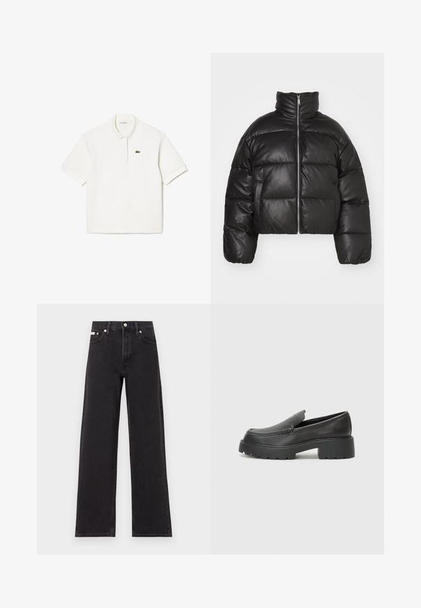 Svart kort puffjacka i slätt läder, med hög krage, framfickor med dragkedja och vadderade quiltade sektioner.; Vit polotröja gjord av bomull, med krage som viks över, korta ärmar och en liten grön broderad krokodil-logotyp på vänster bröst.; Svarta vida jeans i denim med hög midja, fem fickor och metallknappstängning med kontrasterande sömmar.; Svarta läderloafers med rund tå, tjockt strukturerat såle och minimala sömnadsdetaljer. Snygg design utan synliga snören eller beslag.