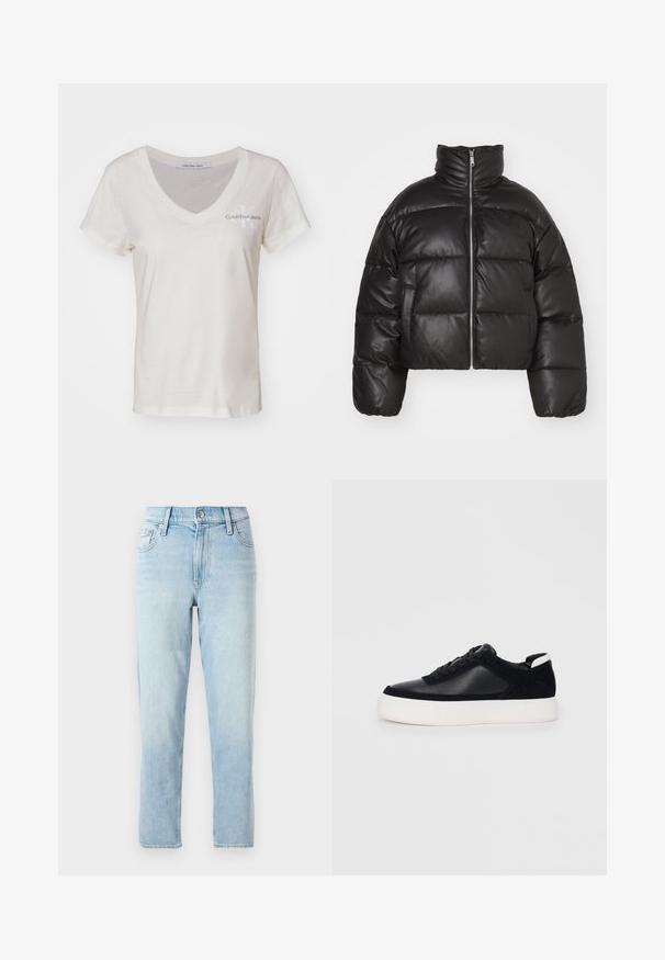 Czarna krótka kurtka pufowa z gładkiej skóry, z wysokim kołnierzem, przednim zamkiem błyskawicznym i wypchanymi, pikowanymi sekcjami.; Biała bawełniana koszulka z dekoltem w serek i krótkimi rękawami. Posiada małe logo Calvin Klein Jeans na lewej piersi. Gładka faktura.; Jasnoniebieskie dżinsy, prosty krój nogawek, średni stan, z pięcioma kieszeniami i zapięciem na guzik z przodu.; Czarne sneakersy z gładkiej skóry i zamszowymi panelami, płaskimi sznurowadłami, zaokrąglonym noskiem i białą gumową podeszwą. Wyraźne logo na pięcie.