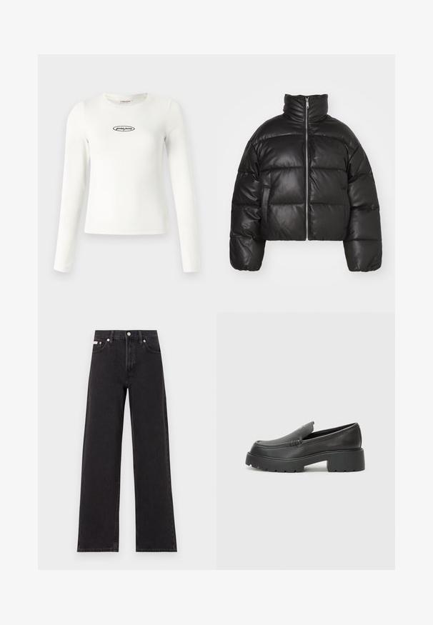 Casaco puffer preto, cropped, feito de pele lisa, com colarinho alto, fecho de correr à frente e seções acolchoadas em volume.; Top de manga longa branco com um design ajustado, apresentando um logo bordado em preto "guess jeans" no peito. Tecido de algodão suave.; Jeans de perna larga pretos feitos de denim, apresentando uma cintura alta, estilo de cinco bolsos e um fecho em botão de metal com costura contrastante.; Mocassins de couro preto com bico arredondado, sola espessa e texturizada, e detalhes de costura minimalistas. Design elegante sem atacadores ou ferragens visíveis.