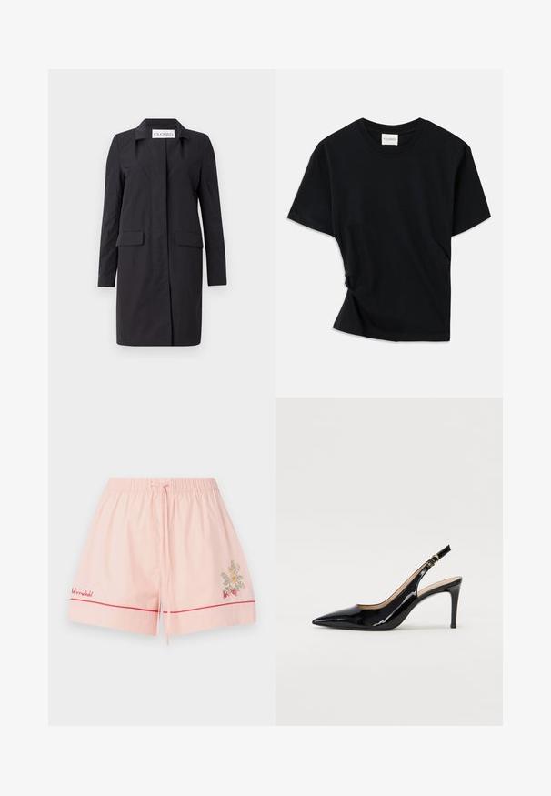 Black, knee-length coat made of lightweight material. Features a collar, front closure, and two side pockets. Simple, structured design.; Black t-shirt made of soft cotton, featuring a crew neckline, short sleeves, and a slightly twisted design for a relaxed fit.; Pink cotton shorts with an elastic waistband, red piping, and floral embroidery featuring strawberries. Includes a drawstring for adjustment.; Black patent leather slingback pump with pointed toe, slim heel, and a subtle cutout design. Features a gold buckle on the strap.