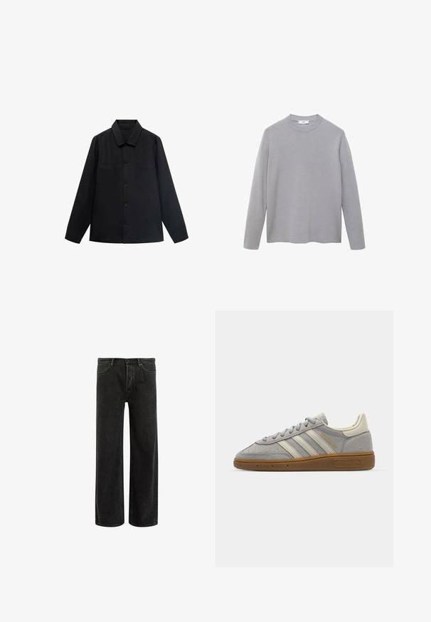 Črna srajca z dolgimi rokavi in usnjenim ovratnikom, sprednjim gumbom in dvema žepoma na prsih. Narejena je iz gladkega materiala s strukturirano prileganjem.; Siva dolgimi rokavi, narejena iz mehke, gladke tkanine. Ima okroglo ovratnik, minimalističen dizajn in ravno spodnje robove brez dodatnih okrasitev.; Črne široke kavbojke iz denima z visokim pasom, ki vključujejo klasičen pet-pocket dizajn in subtilno blodenje, kar daje teksturiran videz.; Sive športne copate iz semiša z svetlosivimi usnjenimi črtami in gumijastim podplatom. Značilnosti vključujejo vezalni sistem in subtilno blagovno oznako na jezičku.