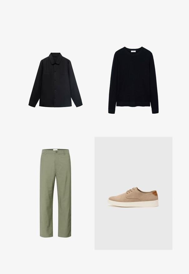 Crna košulja dugih rukava s oštrim ovratnikom, prednjim zatvaranjem na gumbe i dva džepa na prsima. Izrađena od glatke tkanine s strukturiranim krojem.; Crni rebrasti pulover dugih rukava s okruglim izrezom i suptilnom teksturom. Zatvoreni manžeti i porub doprinose njegovom strukturiranom dizajnu.; Svijetlo maslinasto zelene hlače od glatkog, laganog materijala. Imaju prednje kopčanje na dugme i klasični ravni kroj.; Bež nubuk tenisice s okruglim vrhom, vezanjem sprijeda i teksturiranim stražnjim naglaskom. Bijela gumena potpetica pruža kontrast. Jednostavan i moderan dizajn.