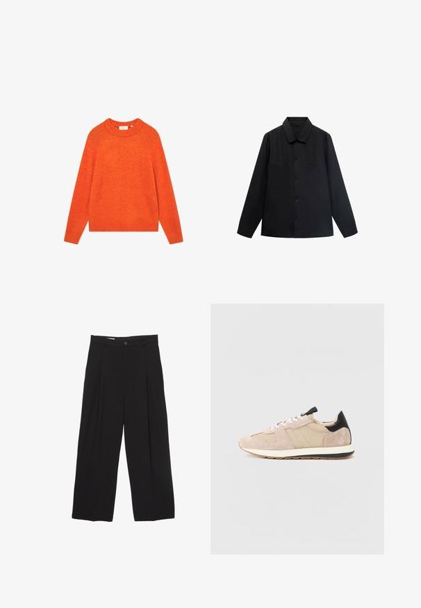 Schwarzes Langarmshirt mit spitzem Kragen, Knopfverschluss vorne und zwei Brusttaschen. Aus einem glatten Stoff mit strukturiertem Sitz gefertigt.; Oranger Pullover aus weichem Material, mit geripptem Ausschnitt und Saum, langen Ärmeln und lockerer Passform. Keine Muster oder Verzierungen.; Schwarze weit geschnittene Hose aus glattem Stoff, mit flachem Taillenbund, vorderen Falten und einer einzigen Knopfverschlus.; Beige Wildleder-Sneaker mit Mesh-Einsätzen, weißen Schnürsenkeln und einem schwarzen Fersenelement. Dicke weiße Sohle mit einem schwarzen Streifen sorgt für Kontrast.