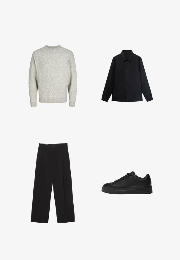 Zwarte langearmige shirt met een puntkraag, knoopsluiting aan de voorkant en twee borstzakken. Gemaakt van een gladde stof met een gestructureerde pasvorm.; Lichtgrijze gebreide trui met een ronde halslijn, verlengde schouders en geribde mouwen, met een gestructureerd, licht pluizig oppervlak.; Zwarte wijde broek gemaakt van gladde stof, met een platte tailleband, voorplooien en een enkele knoopsluiting.; Zwarte sneaker van gladleer, met een ronde neus, een dikke platformzool en een traditionele vetersluiting met zes vetergaatjes.