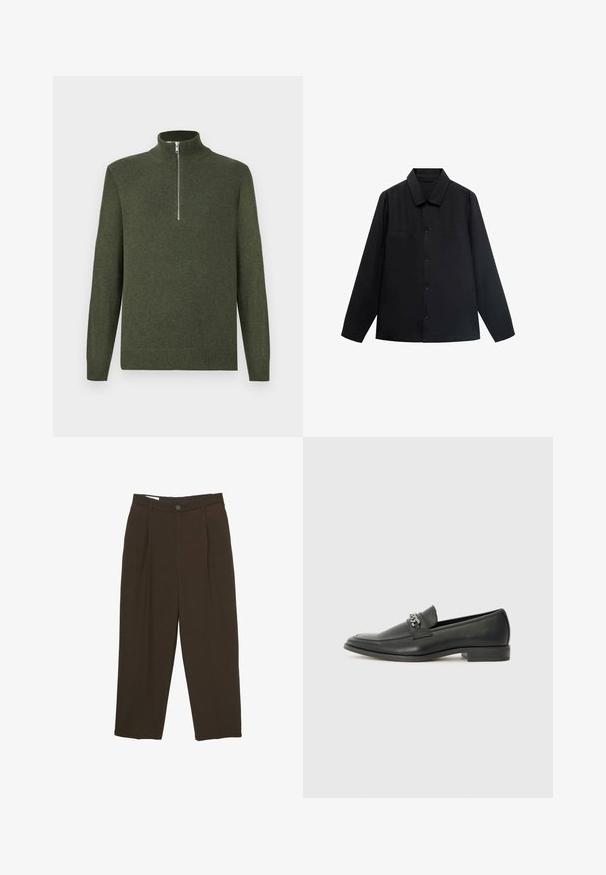 Cămașă neagră cu mânecă lungă, cu guler ascuțit, închidere cu butoane pe față și două buzunare pe piept. Fabricată dintr-un material neted, cu o croială structurată.; Pulover tricotat de culoare verde închis, cu mâneci lungi și un fermoar argintiu în față care se extinde până la jumătatea gâtului, de la gulerul de tip mock neck.; Pantaloni tailored de culoare maro închis cu pliuri frontale, bucle pentru curea și închidere cu buton la talie.; Pantofii negri din piele cu un finisaj neted, având un design cusut și un accent decorativ de lanț metalic peste partea de sus. Toc plat.