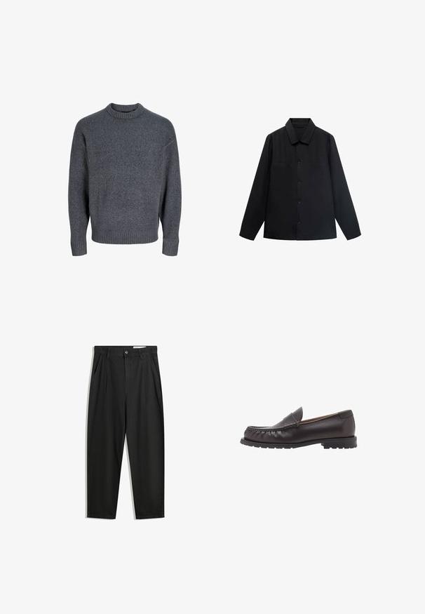 Chemise noire à manches longues avec col pointu, fermeture à boutons sur le devant et deux poches poitrine. Fabriquée dans un tissu lisse avec une coupe structurée.; Pull gris en tissu doux, avec un col rond côtelé et des poignets côtelés, au design simple et classique et à la surface texturée.; Pantalon en coton noir avec une coupe décontractée, dotés d'une taille classique, de plis à l'avant et de poches latérales. Texture lisse sans motifs.; Mocassins en cuir marron avec un bout arrondi, des détails cousus et une semelle en caoutchouc basse. Fini lisse avec un éclat subtil.