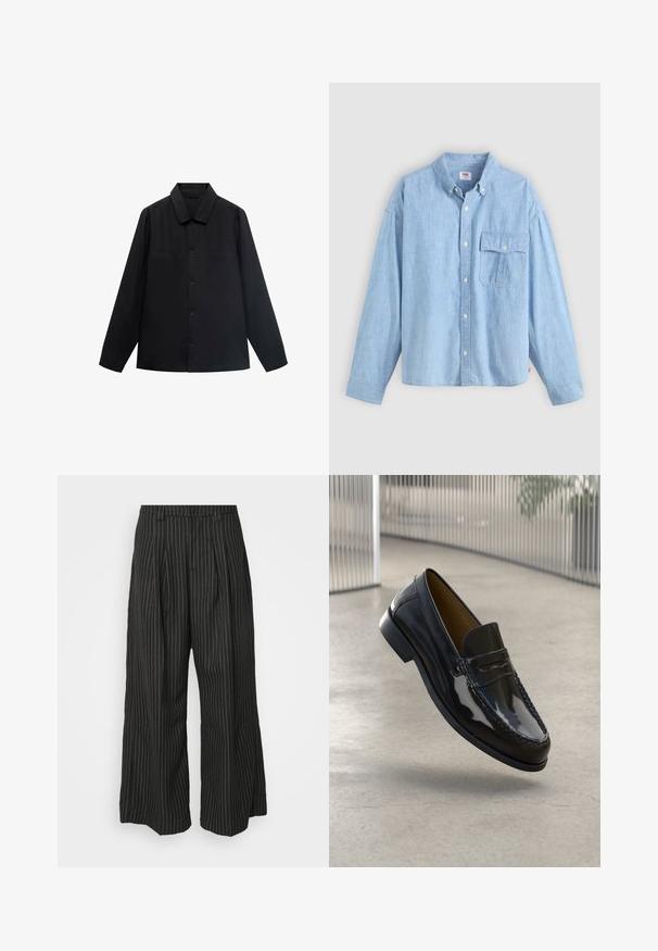 Camicetta nera a maniche lunghe con colletto a punta, chiusura frontale con bottoni e due tasche sul petto. Realizzata in un tessuto liscio con una vestibilità strutturata.; Camicia azzurro chiaro con bottoni realizzata in tessuto chambray. Presenta un colletto, maniche lunghe e una tasca sul petto con pattina e bottone.; Pantaloni a gamba larga neri a righe con pieghe, caratterizzati da un design sartoriale e una texture morbida. Nessun hardware o decorazione visibile.; Mocassino in pelle verniciata nera con accento cucito, punta rotonda, tacco basso e superficie liscia, presentato su uno sfondo neutro.