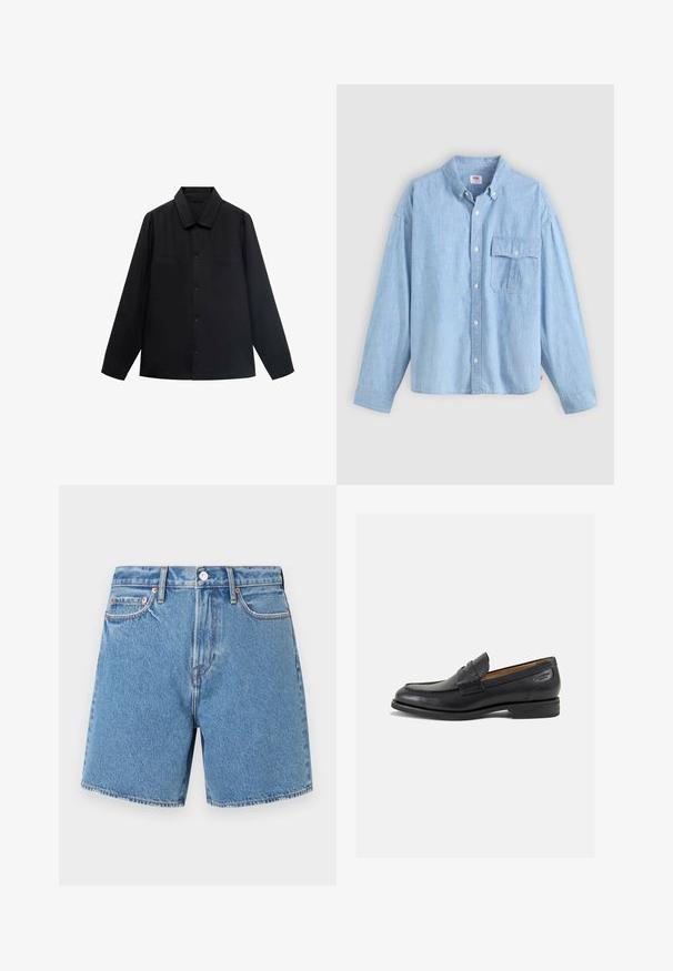 Sort langærmet skjorte med spidse krave, frontlukning med knapper og to brystlommer. Lavet af et glat stof med en struktureret pasform.; Lyseblå skjorte med knapper lavet af chambray-stof. Har krave, lange ærmer og en brystlomme med klap og knap.; Lysblå denimshorts. Kontinuerligt stof med fem lommer, en knaplukning og diskrete stikninger langs sømmene og lommerne.; Sorte læder loafers med en glat finish, rund tå og dekorativ syning på vampen. Lav stablet hæl og let glans.
