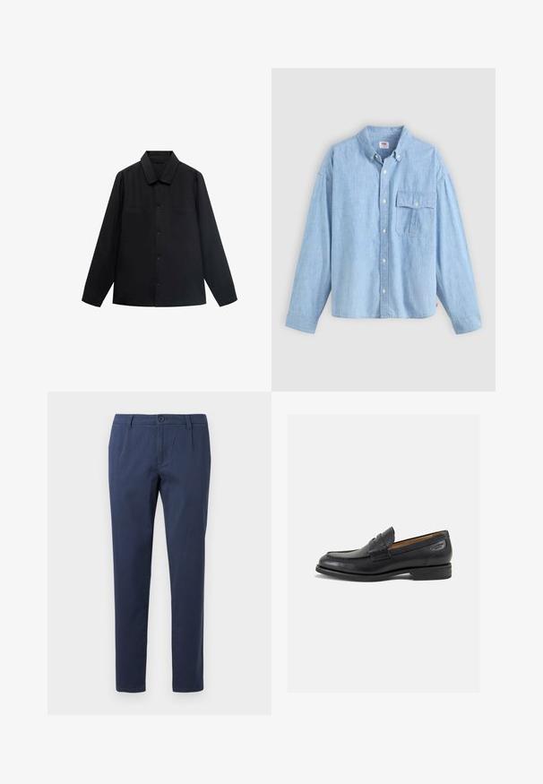 Black long-sleeve shirt with a pointed collar, front button closure, and two chest pockets. Made of a smooth fabric with a structured fit.; Light blue button-up shirt made of chambray fabric. Features a collar, long sleeves, and a chest pocket with a flap and button.; Navy blue trousers made of lightweight fabric, featuring a front button closure, two side pockets, and a straight-leg design.; Black leather loafers with a smooth finish, rounded toe, and decorative stitching on the vamp. Low stacked heel and slight shine.