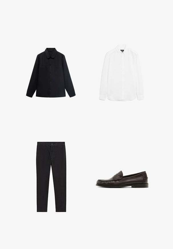 Sort langærmet skjorte med spidse krave, frontlukning med knapper og to brystlommer. Lavet af et glat stof med en struktureret pasform.; Hvid langærmet skjorte lavet af glat stof, med knaplukning foran, spidse kraver og rundet kant med knapmanchetter.; Sort bukser lavet af letvægtsstof, med elastisk talje, snorelukning og lige ben design. Ingen mønstre eller accenter.; Brune læder loafers med en glat tekstur, der har dekorative syninger, en lav hæl og et afrundet tådesign.