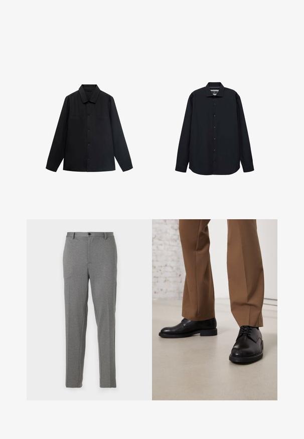 Czarna koszula z długim rękawem, z wywijanym kołnierzykiem, z zamknięciem na guziki z przodu oraz dwoma kieszeniami na piersi. Wykonana z gładkiego materiału o dopasowanym kroju.; Czarna bluzka z długim rękawem wykonana z gładkiego materiału. Posiada guziki z przodu, kołnierz oraz luźny krój z zaokrąglonym dołem.; Szare dopasowane spodnie o gładkiej fakturze, delikatnym wzorze, zapinane na zamek i guzik, z kieszeniami z przodu i zwężającymi się nogawkami.; Czarne skórzane buty z gładką powierzchnią i okrągłym czubkiem, z sznurowanym zapięciem i niską, płaską podeszwą. W połączeniu z brązowymi spodniami.