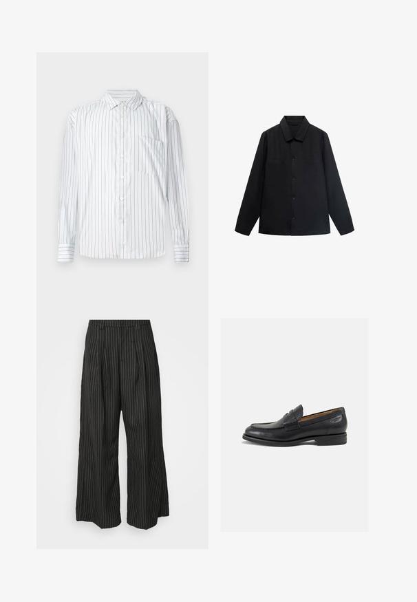 Chemise noire à manches longues avec col pointu, fermeture à boutons sur le devant et deux poches poitrine. Fabriquée dans un tissu lisse avec une coupe structurée.; Chemise à manches longues avec boutons en blanc, dotée de fines rayures verticales rouges, texture douce, col pointu et une poche sur la poitrine gauche.; Pantalons larges noir à rayures avec plis, présentant un design ajusté et une texture douce. Pas de matériel ou d'accents visibles.; Mocassins en cuir noir avec une finition lisse, bout rond et coutures décoratives sur la tige. Talon bas empilé et léger brillant.