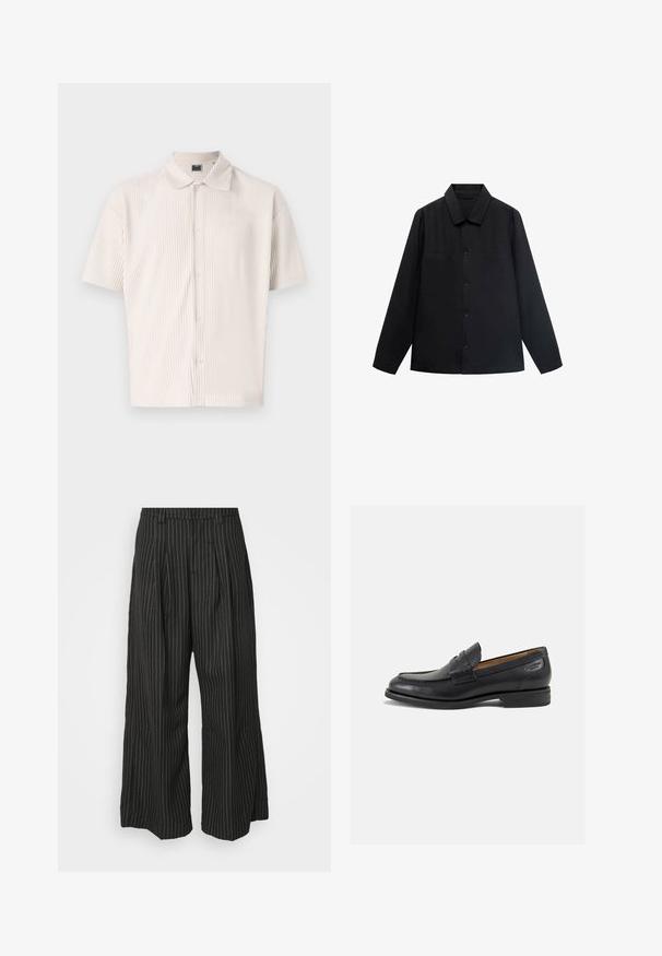 Černá dlouhá rukávová košile s špičatým límečkem, předním zapínáním na knoflíky a dvěma náprsními kapsami. Vyrobena z hladké tkaniny s strukturovaným střihem.; Krátký rukáv, světle béžová košile s límečkem a vertikálními pruhy. Disponuje knoflíkovým zapínáním a volným střihem. Měkká textilie.; Černé široké kalhoty s pruhy a sklady, s propracovaným střihem a jemnou texturou. Žádné viditelné kovové díly ani akcenty.; Černé kožené mokasíny s hladkým povrchem, zaoblenou špičkou a dekorativním prošíváním na svršku. Nízký podpatka a mírný lesk.