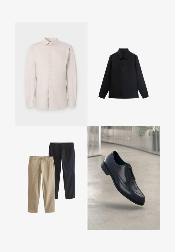 Čierna košeľa s dlhými rukávmi a špicatým golierom, s predným zapínaním na gombíky a dvoma náprsními vreckami. Vyrobená z hladkej látky so štruktúrovaným strihom.; Svetlo béžová košeľa s dlhým rukávom, zapínaním na gombíky, klasickým golierom a decentnou textúrou. Obsahuje štandardné manžety a šesť gombíkov.; Dve nohavice s rovnými nohami: jedny béžové a jedny námořní modré. Obe majú bočné vrecká a zapínanie na gombík. Hladká bavlnená tkanina.; Lesklá čierna kožená obuv na šnurovanie, ktorá sa vznáša nad hladkým, svetlošedým podlahou a vertikálnymi kovovými tyčami v pozadí.