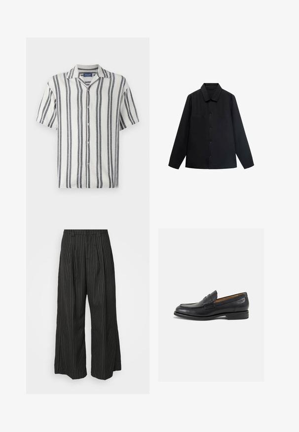 Chemise noire à manches longues avec col pointu, fermeture à boutons sur le devant et deux poches poitrine. Fabriquée dans un tissu lisse avec une coupe structurée.; Chemise à manches courtes en tissu texturé avec des rayures verticales blanches et bleu marine, dotée d'un col à revers et d'une fermeture à boutons.; Pantalons larges noir à rayures avec plis, présentant un design ajusté et une texture douce. Pas de matériel ou d'accents visibles.; Mocassins en cuir noir avec une finition lisse, bout rond et coutures décoratives sur la tige. Talon bas empilé et léger brillant.