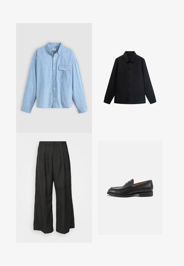 Zwarte langearmige shirt met een puntkraag, knoopsluiting aan de voorkant en twee borstzakken. Gemaakt van een gladde stof met een gestructureerde pasvorm.; Lichtblauwe button-up shirt gemaakt van chambray stof. Bevat een kraag, lange mouwen en een borstzak met een klep en knop.; Zwarte gestreepte wijde broek met plooien, met een op maat gemaakt ontwerp en een zachte textuur. Geen zichtbare hardware of accenten.; Zwarte leren loafers met een gladde afwerking, ronde neus en decoratieve stiksels op de wreef. Lage gestapelde hak en een lichte glans.
