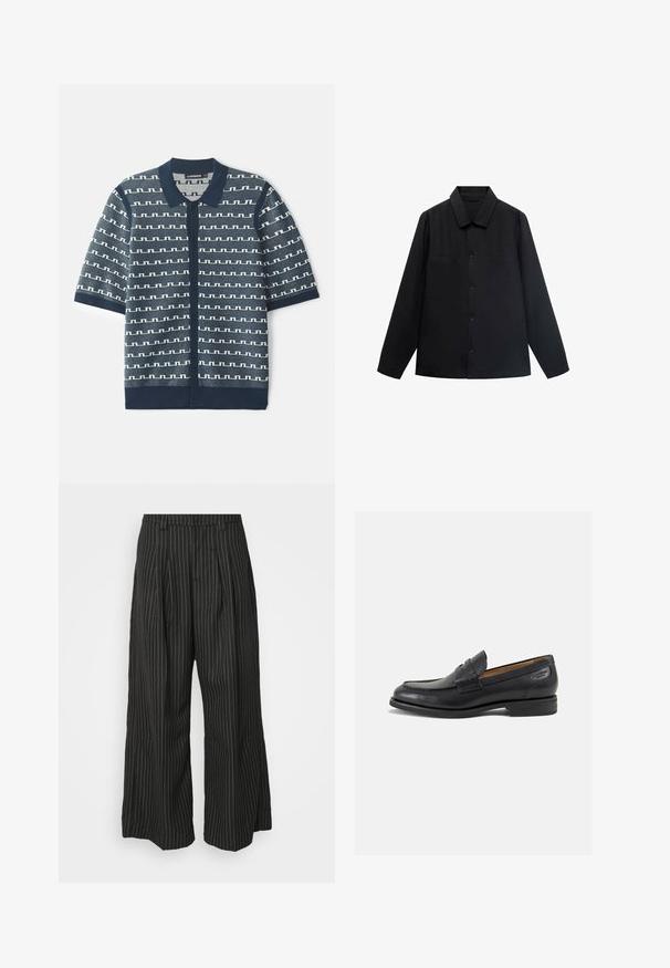 Czarna koszula z długim rękawem, z wywijanym kołnierzykiem, z zamknięciem na guziki z przodu oraz dwoma kieszeniami na piersi. Wykonana z gładkiego materiału o dopasowanym kroju.; Granatowy kardigan z krótkim rękawem, wykonany na szydełku, z geometrycznym białym wzorem, z zapięciem na guziki oraz klasycznym kołnierzykiem. Teksturowany materiał z kontrastowymi akcentami.; Czarne spodnie w szerokie nogawki w paski, z zakładkami, charakteryzujące się dopasowanym krojem i miękką teksturą. Brak widocznych metalowych elementów lub akcentów.; Czarne skórzane mokasyny o gładkim wykończeniu, zaokrąglonym nosku i dekoracyjnym przeszyciu na cholewce. Niski, warstwowy obcas i delikatny połysk.