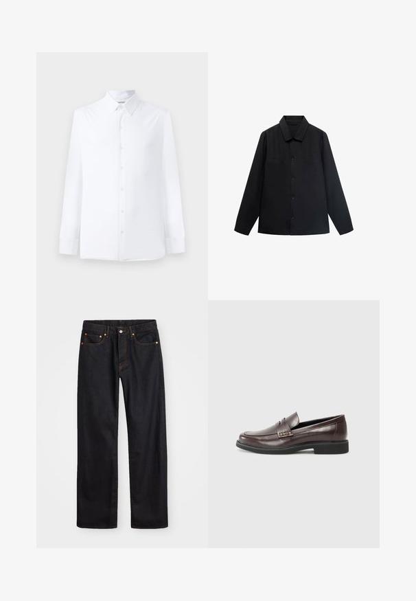Zwarte langearmige shirt met een puntkraag, knoopsluiting aan de voorkant en twee borstzakken. Gemaakt van een gladde stof met een gestructureerde pasvorm.; Witte blouse met lange mouwen, gemaakt van een gladde stof, met een klassieke kraag, sluiting met knopen aan de voorkant en een getailleerde pasvorm. Geen zichtbare patronen.; Heren straight-leg zwarte denim jeans met vijf zakken en oranje stiksels, knoop- en ritssluiting op de voorkant van de tailleband.; Bruine leren loafers met een gladde afwerking, voorzien van een subtiele gestikte detail op de bovenkant en een zwarte rubberen zool.