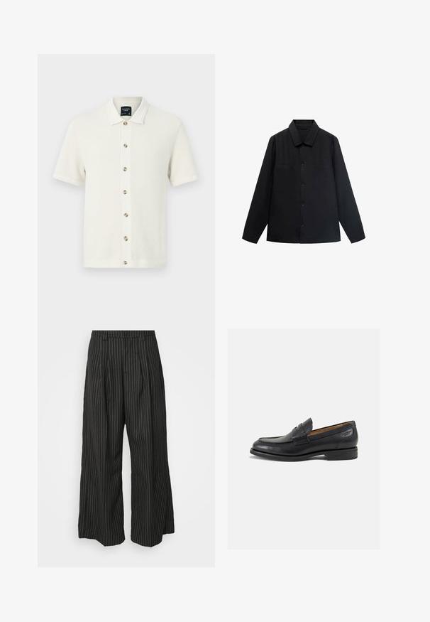 Schwarzes Langarmshirt mit spitzem Kragen, Knopfverschluss vorne und zwei Brusttaschen. Aus einem glatten Stoff mit strukturiertem Sitz gefertigt.; Strick-Polohemd in Off-White mit strukturiertem Muster, kurzen Ärmeln, einer durchgehenden Knopfleiste mit kontrastierenden Knöpfen und einem flachen Kragen.; Schwarz gestreifte weite Hose mit Falten, im taillierten Design und mit weichem Material. Keine sichtbaren Beschläge oder Akzente.; Schwarze Leder Slipper mit glatter Oberfläche, runder Spitze und dekorativer Naht auf dem Vorderblatt. Niedriger Blockabsatz und leichter Glanz.